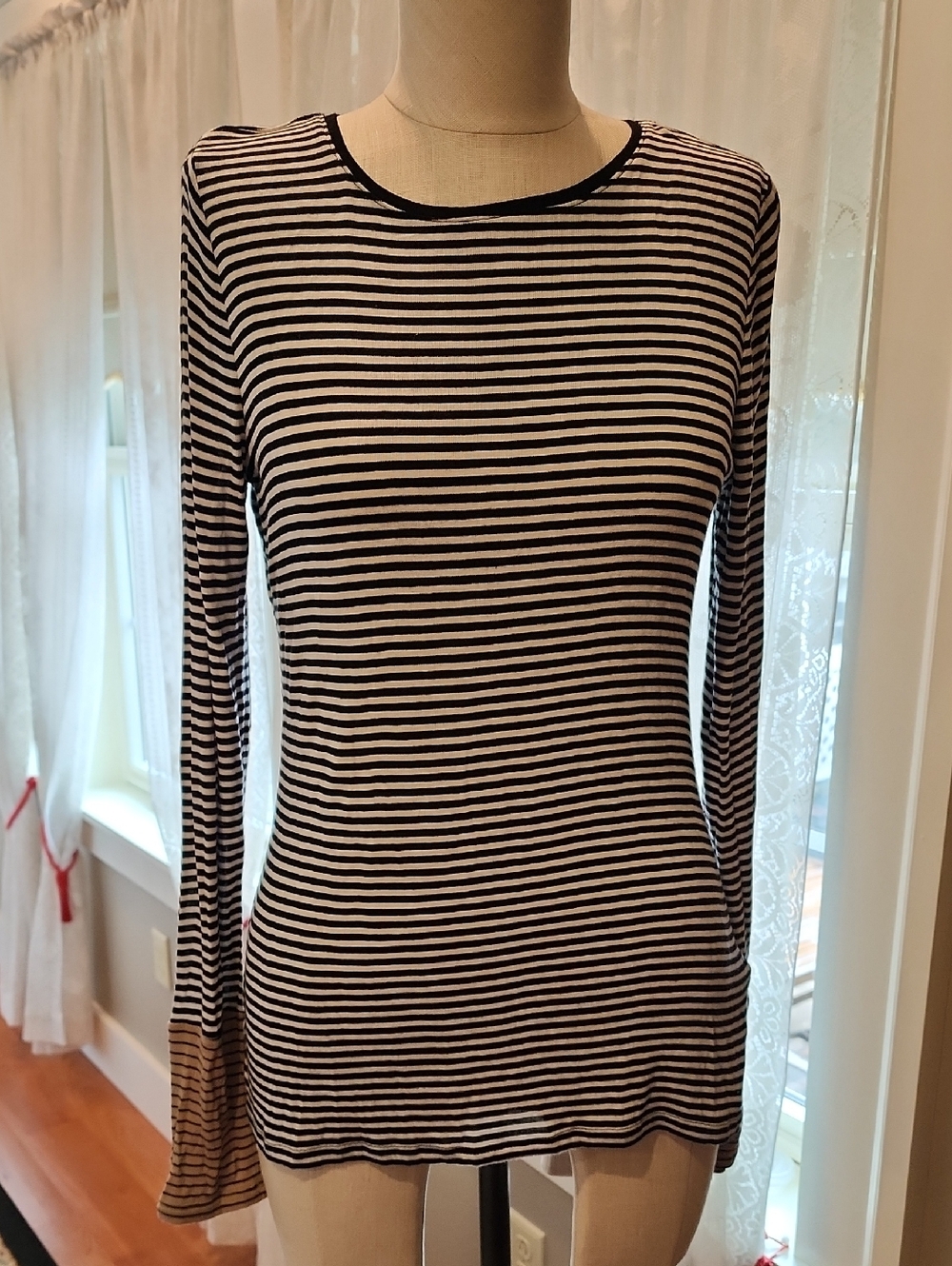 White House Black Market Black and White Striped Long-Sleeve Top